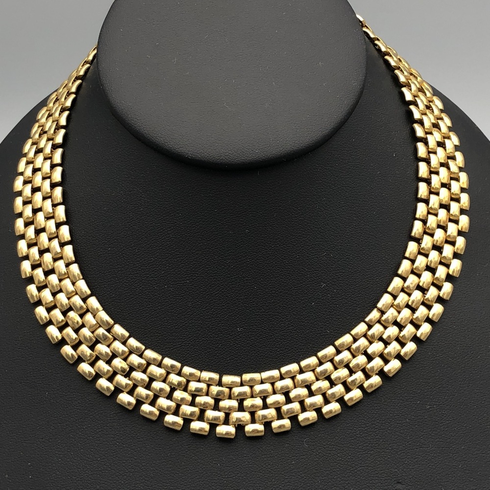 Gold Tone Panther Link Necklace 16 in Chunky 5-Row Metal Weave Bib Collar - Picture 2 of 7